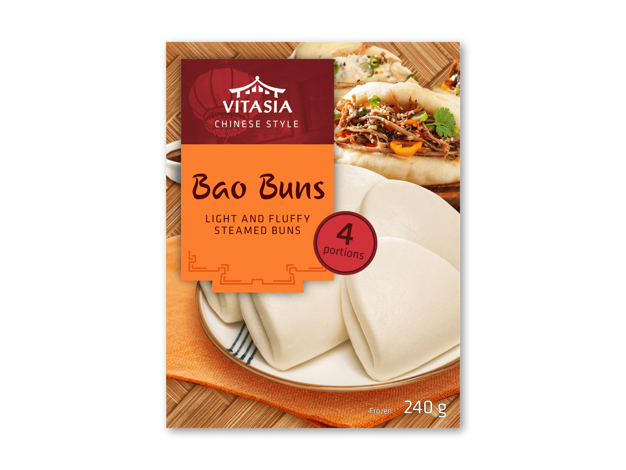 Bao Buns med 4 portioner, lette og luftige dampede boller, frosne, 240 g.