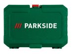 A green Parkside tool case with a red and white logo on a white background.