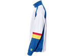 Casaco corta-vento Lidl branco e azul com design de blocos de cores.