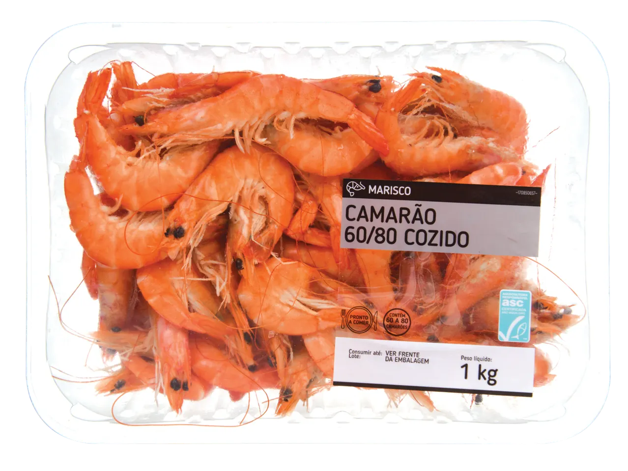 Camarão cozido 60/80 numa embalagem de plástico transparente, 1 kg