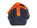 Rear view of a navy blue and orange water shoe with a textured sole.