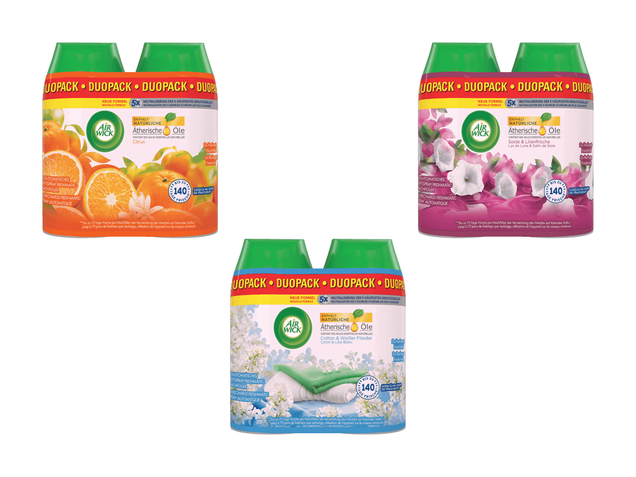 Drei Doppelpacks Lufterfrischer-Nachfüllpackungen in den Düften Citrus, Seide und weißer Flieder.