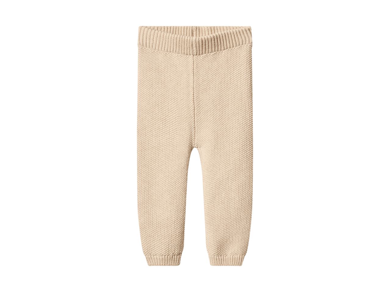Knitted beige baby leggings with ribbed waist and cuffs