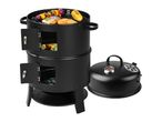 Black smoker grill with salmon, corn, and vegetable skewers cooking on the grates.