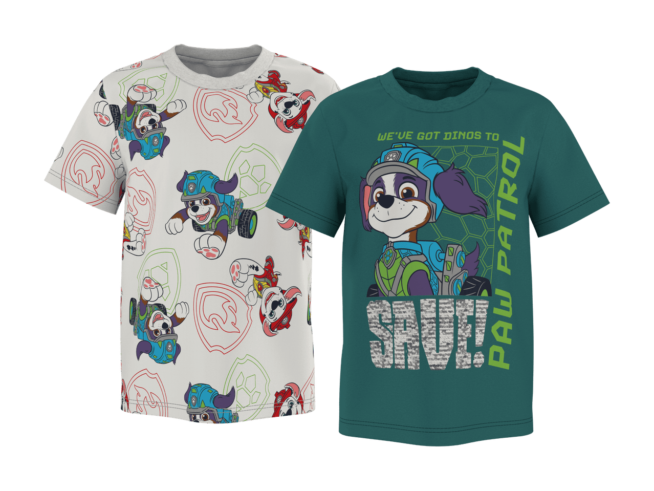 To børne-T-shirts: en hvid med Paw Patrol-mønster og en grøn med en hund og teksten 'WE'VE GOT DINOS TO SAVE!'