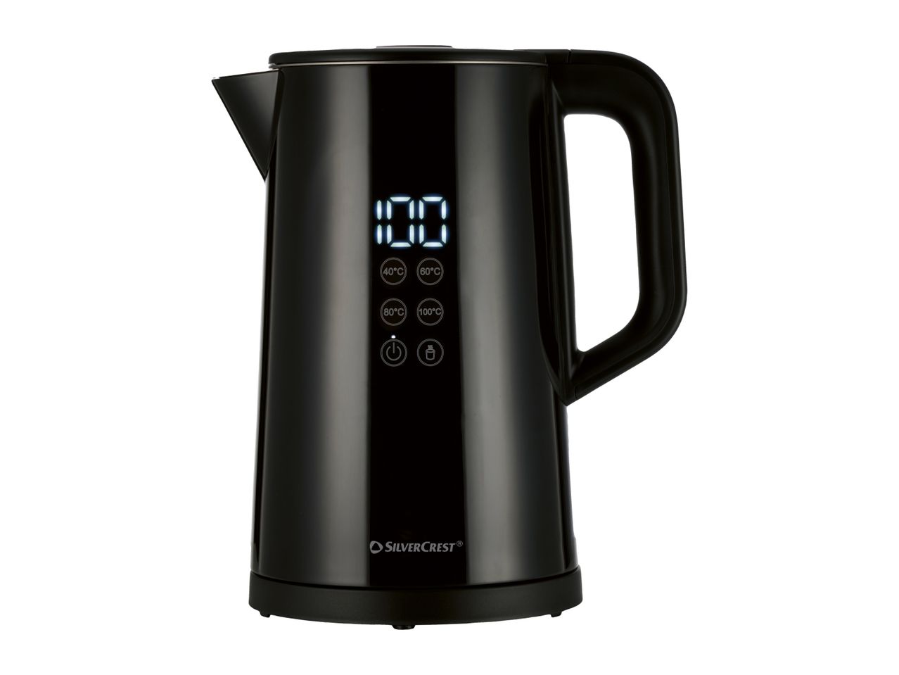 Black electric kettle with digital display showing temperature settings and controls.