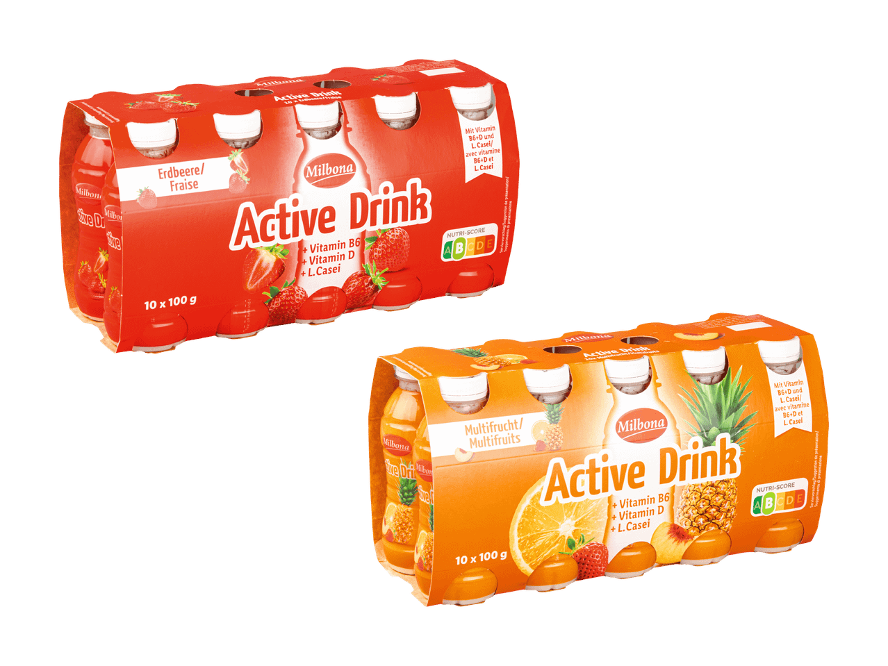 Aktive Drinks mit Erdbeer- und Mehrfruchtgeschmack in 10er-Packungen, mit Vitaminen und L. Casei.