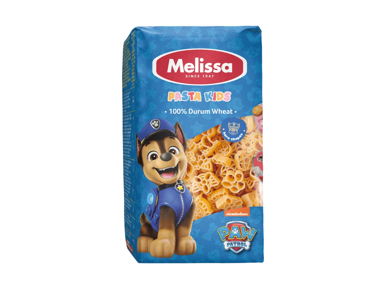 Paquet de pâtes pour enfants avec des formes de héros et un personnage de dessin animé.
