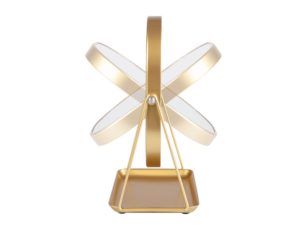 Gold-colored vanity mirror with a rectangular base and two round, adjustable mirrors.