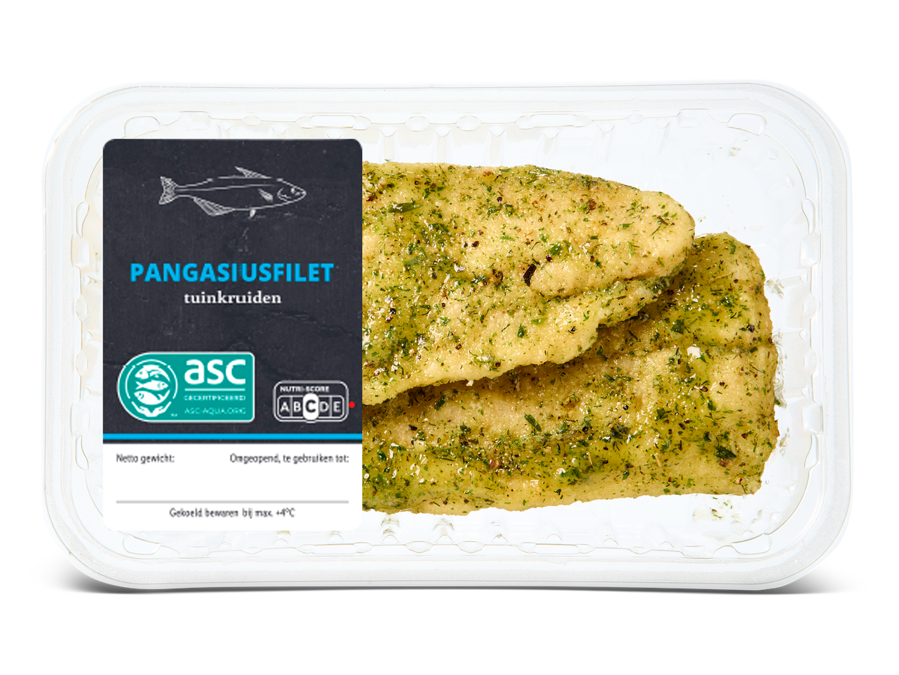 Pangasiusfilet met tuinkruiden in een plastic verpakking, met ASC-keurmerk en Nutri-Score A.