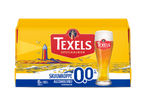 Verpakking van zes alcoholvrije tarwebieren met een vuurtoren en golven, en een glas bier.