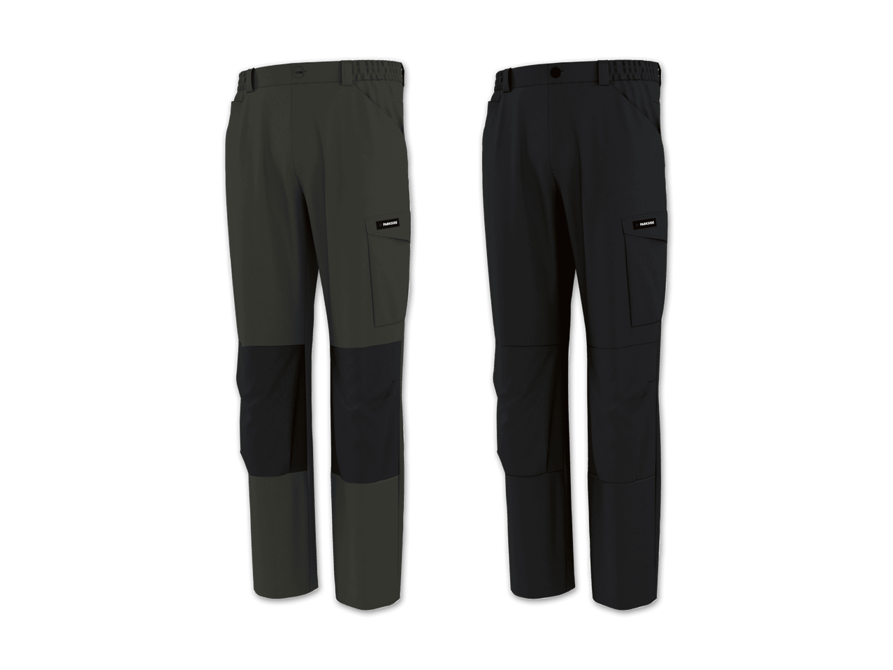 Zwei Paar Arbeitshosen in Dunkelgrün und Schwarz mit verstärkten Knien und Seitentaschen.