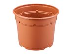 Terracotta-colored plastic plant pot with a wide rim and drainage holes