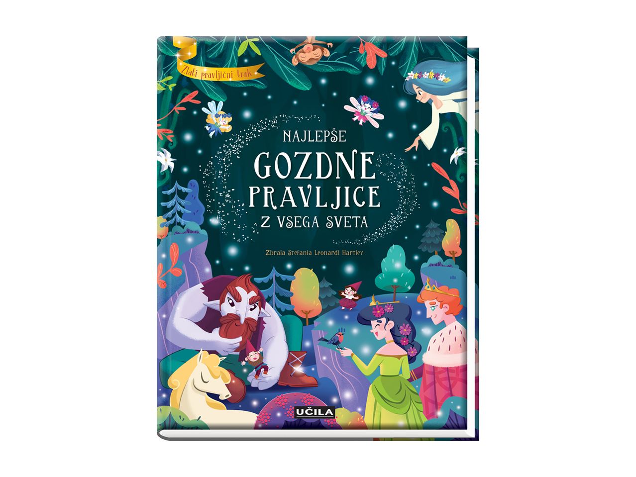Pravljična knjiga z ilustracijami gozdnih bitij, princes in princa.