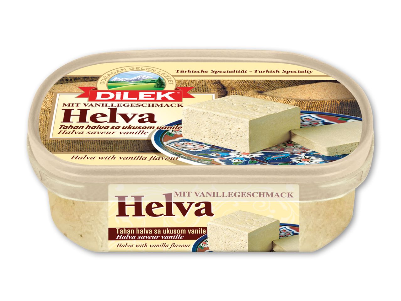 Vaniljehalva i en beholder, med tekst på tysk, bosnisk, fransk og engelsk.