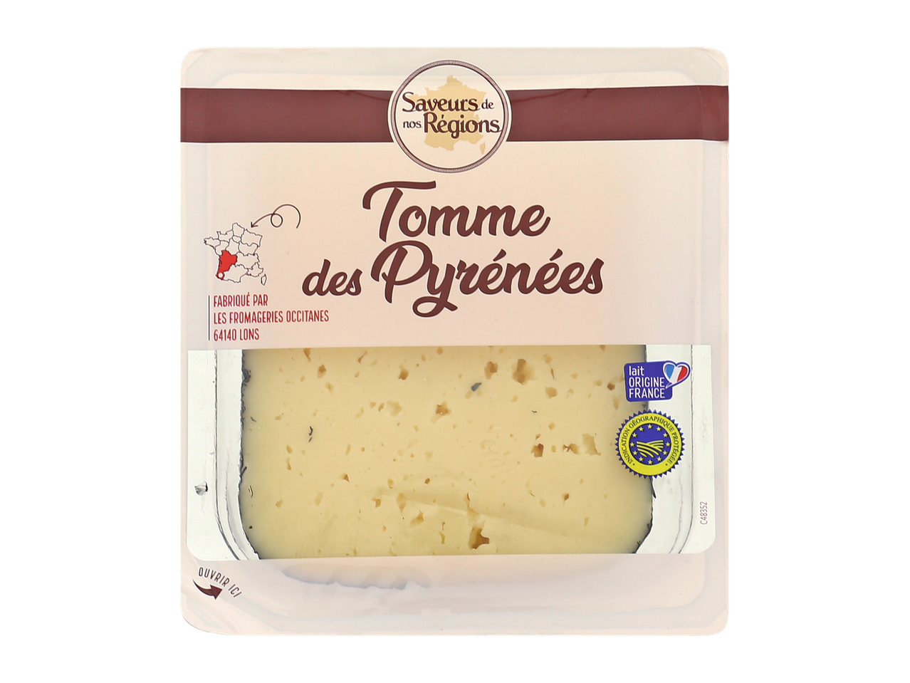 Fromage Tomme des Pyrénées, fabriqué en France, avec une indication géographique protégée.