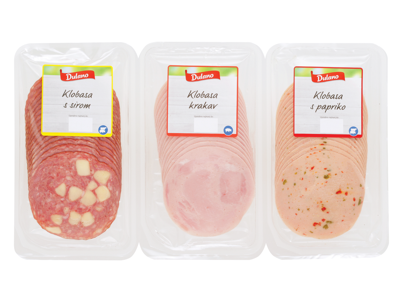 Sorte klobas Dulano: s sirom, krakov in s papriko.