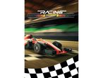 Piros versenyautó a pályán, „RACING PERFORMANCE” felirattal és kockás zászlóval.