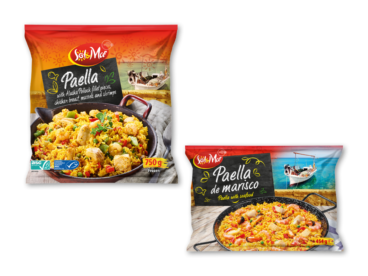 To pakker frossen paella, den ene med Alaska Pollock, kylling, muslinger og rejer (750g), den anden med skaldyr (454g).