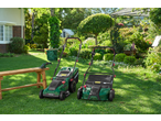 Two Parkside® 40V Cordless Lawn Mowers and a hedge trimmer in a sunny garden.