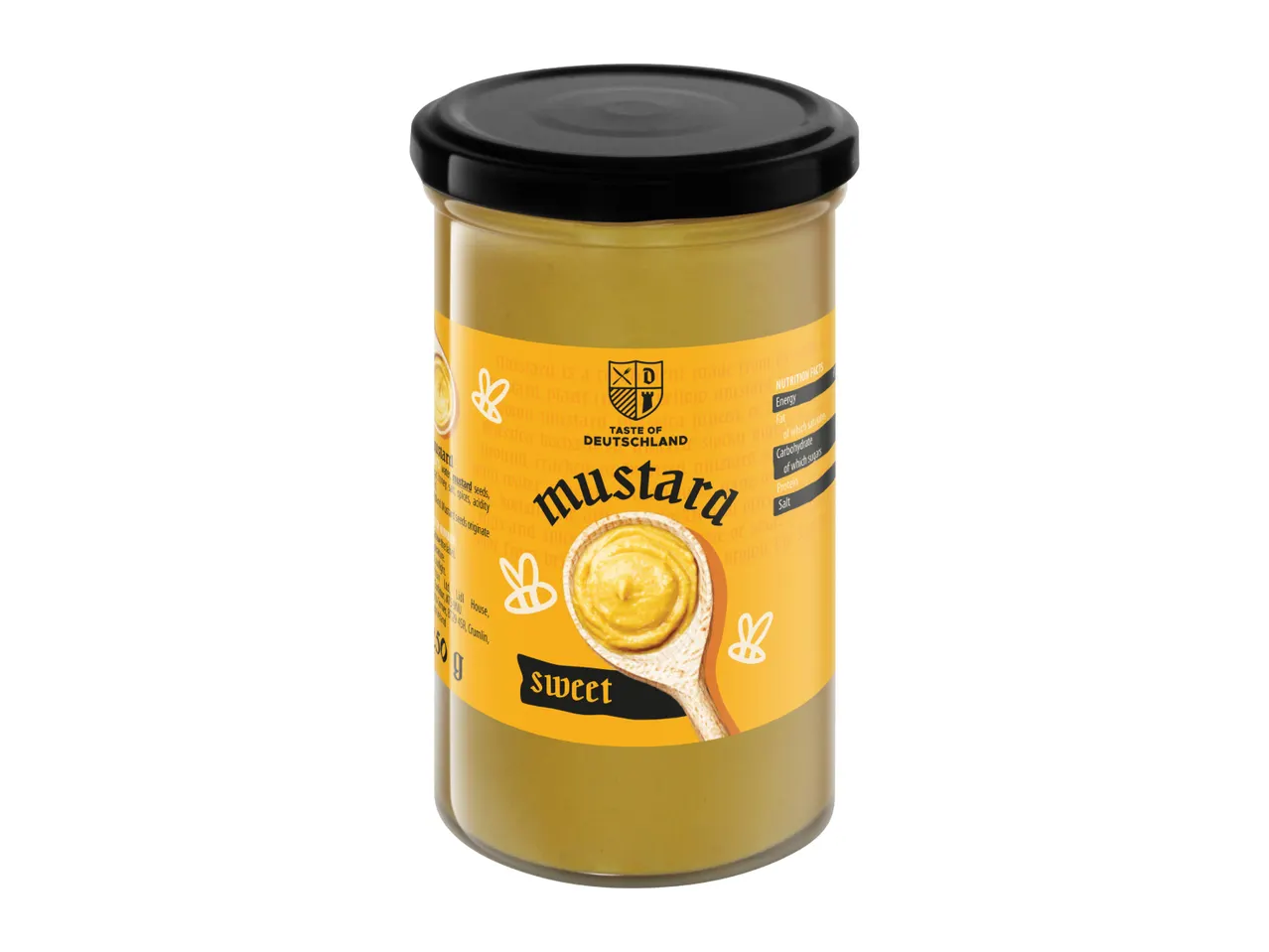 A jar of sweet mustard with a yellow label featuring a spoon of mustard and bees.