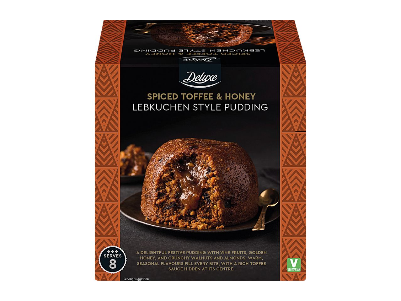 Deluxe Spiced Toffee & Honey Lebkuchen Style Pudding box with a serving suggestion.