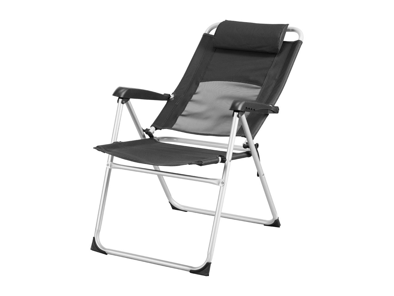 Black and grey folding camping chair with a headrest and armrests