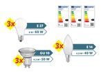 Tri LED žarulje različitih oblika i veličina s energetskim naljepnicama.