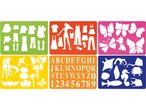 Set di stencil colorati con vestiti, farfalle, alfabeto, numeri, creature fantastiche e marine.