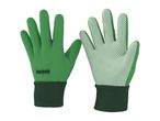 Pair of green gardening gloves, one showing the plain back and the other the dotted palm.
