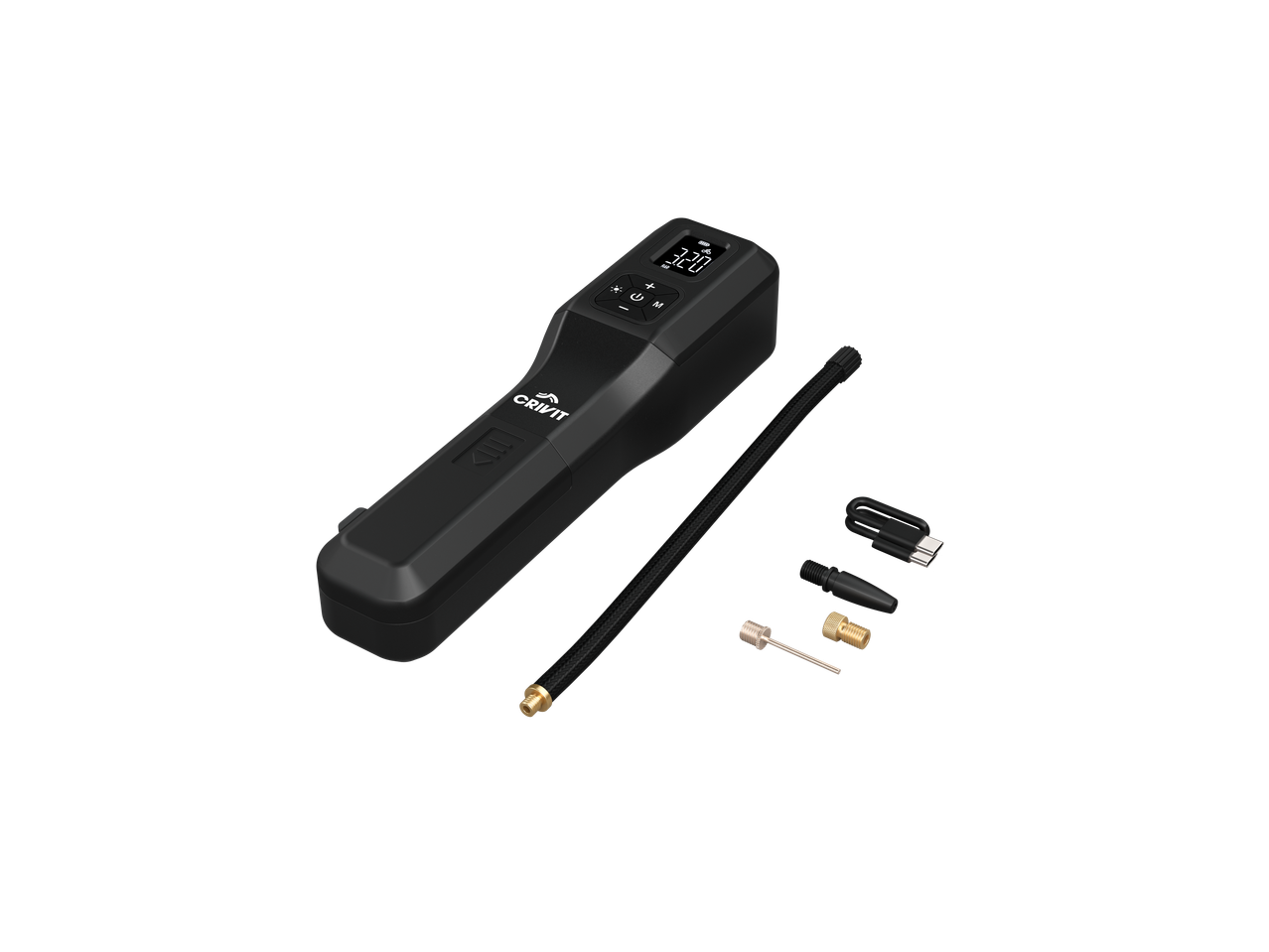 CRIVIT elektriskais velosipēda sūknis ar digitālo displeju un piederumiem.