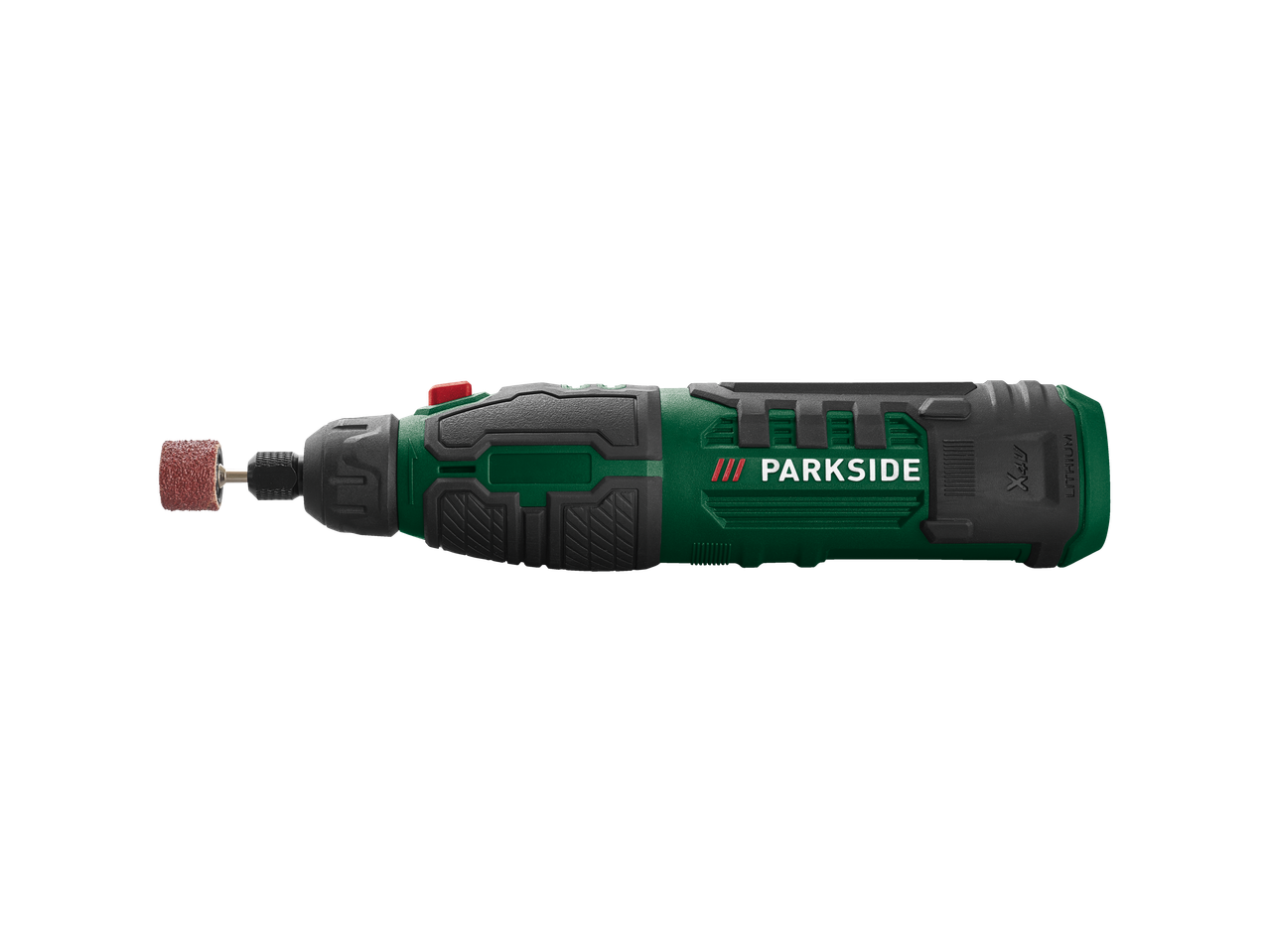 Uma ferramenta rotativa Parkside com acessório de lixar.
