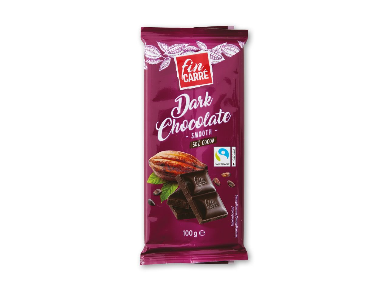 Mørk chokoladebar med 50% kakao, glat tekstur og Fairtrade-mærke.