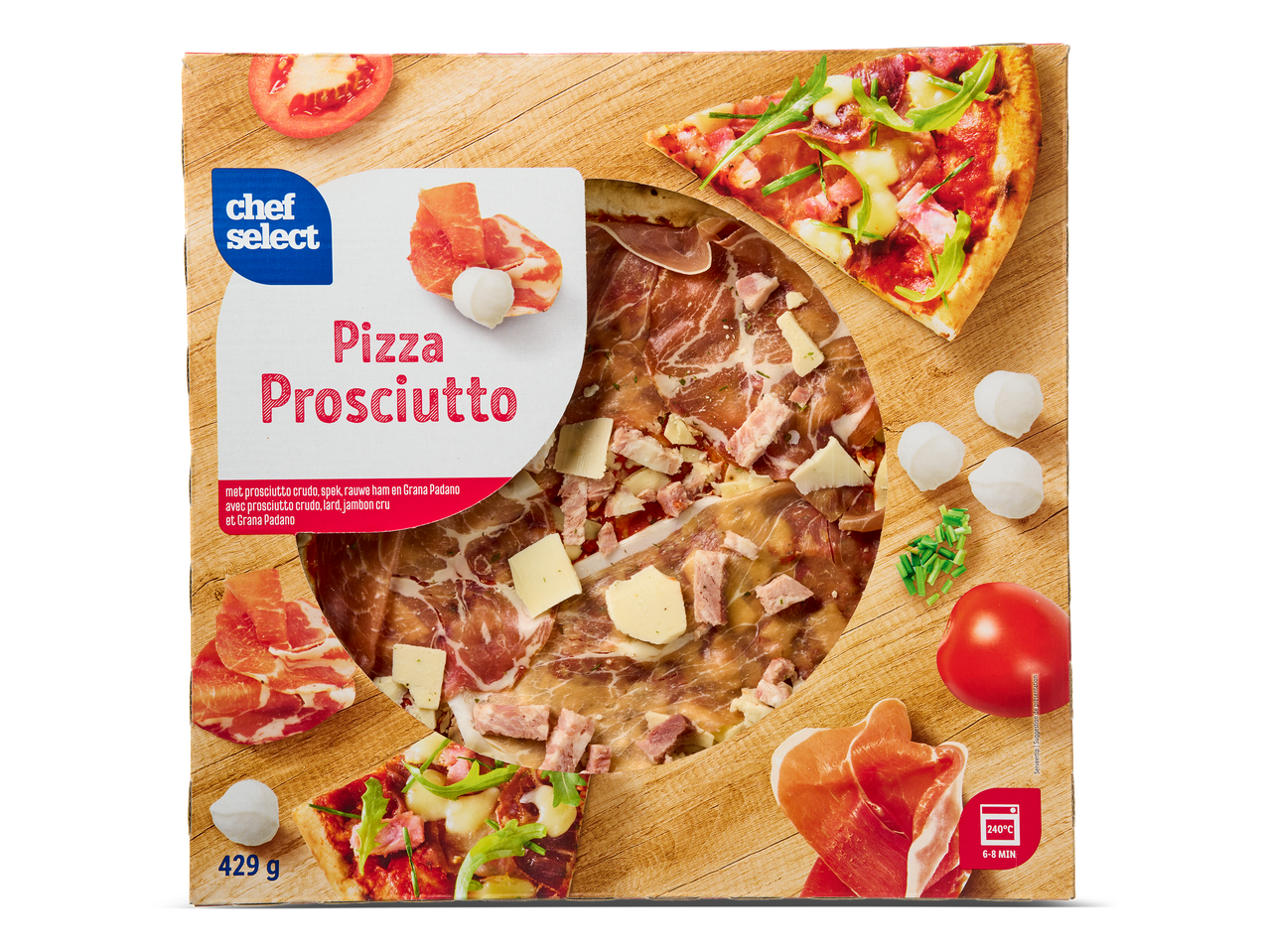 Een pizzadoos met een afbeelding van een pizza prosciutto met kaas, ham en tomaten.