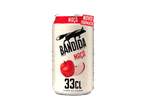 Lata de sidra de maçã com um lobo, maçãs e a indicação 'NOVO FORMATO'.