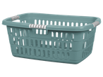 Plastični koš za perilo, modro-zelene barve, z ročaji.