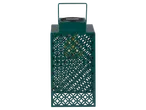 A dark teal solar-powered lantern with a decorative cut-out pattern.