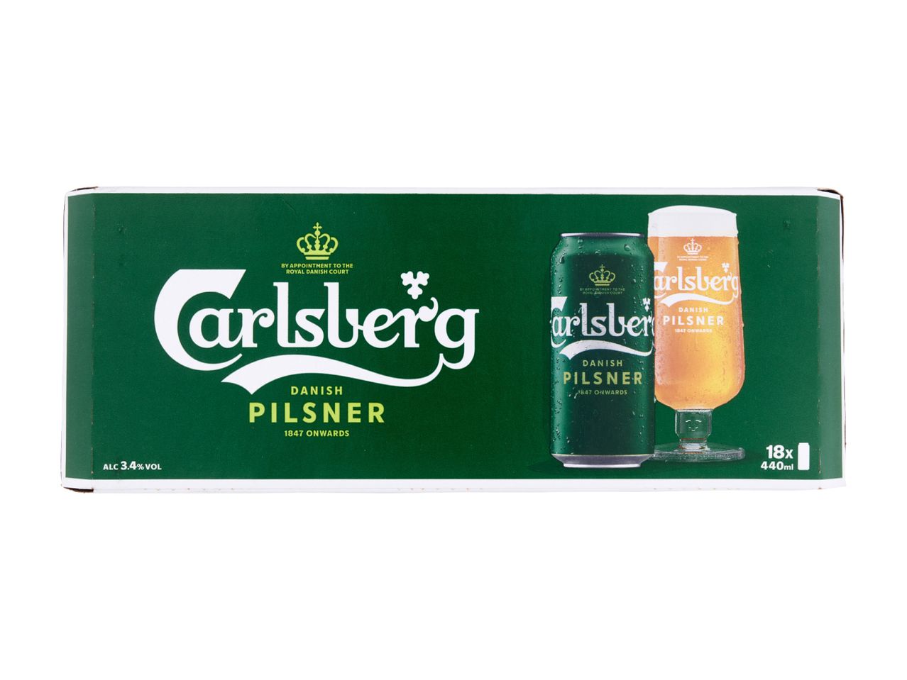 Green multipack box of Danish pilsner beer cans and a glass, 18x 440ml, 3.4% ABV.