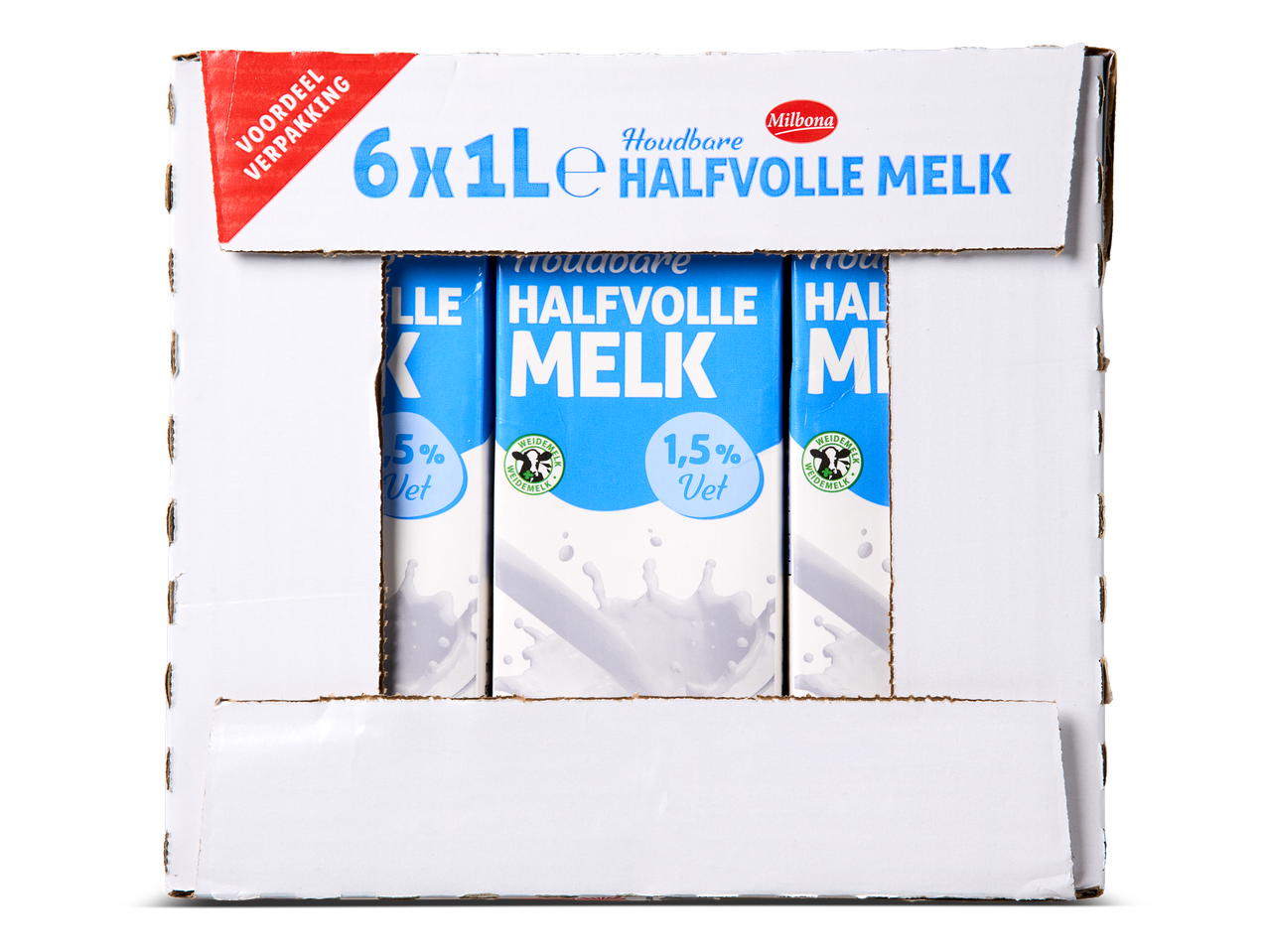 Een doos met zes pakken houdbare halfvolle melk, met 1,5% vet.