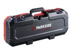 Black and red plastic tool case with a carrying handle and metal latches.
