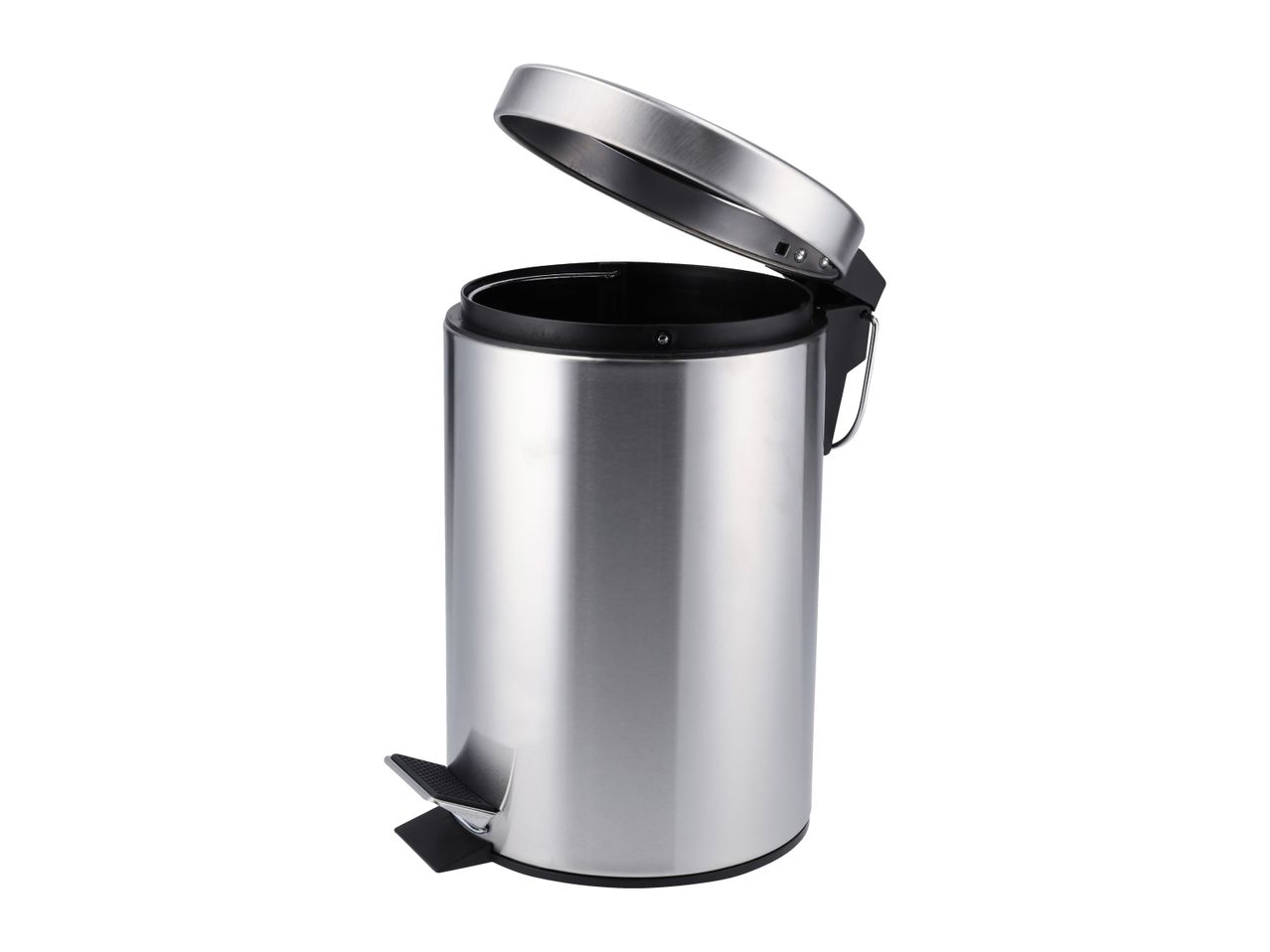 Stainless steel pedal bin with an open lid, featuring a black inner bucket and foot pedal.