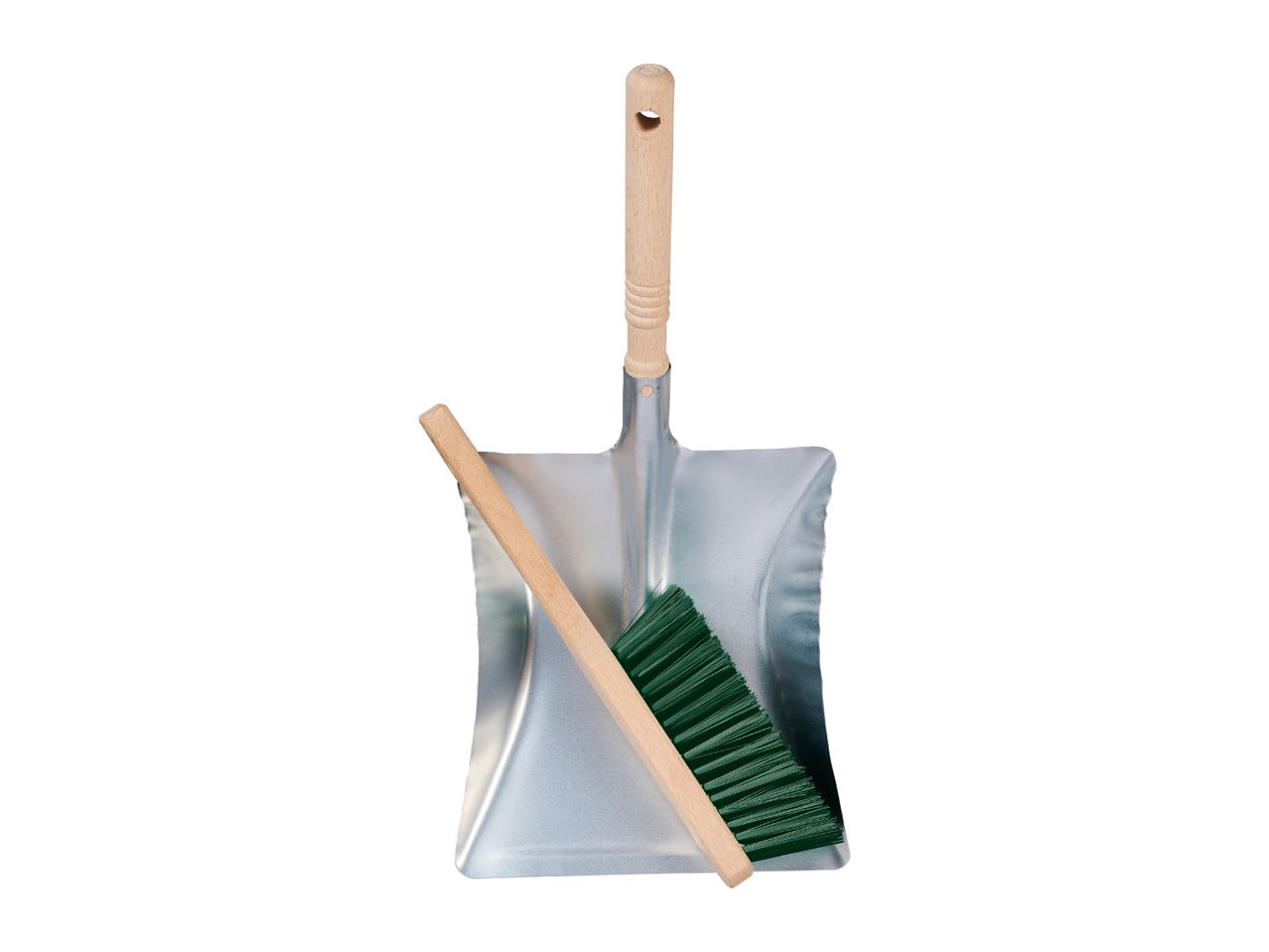A metal dustpan with a wooden handle and a green-bristled brush with a wooden handle.