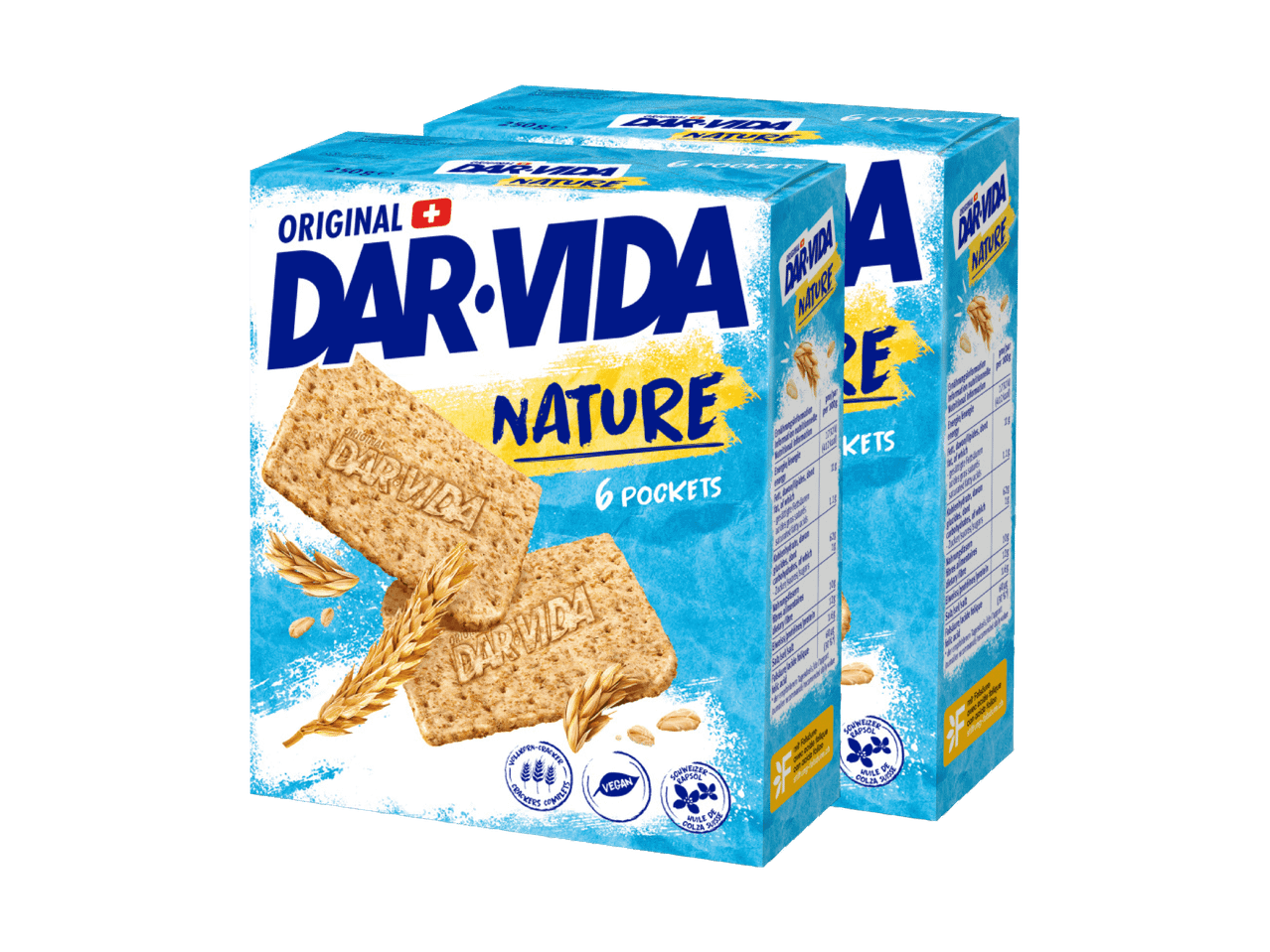 Zwei Packungen Dar-Vida Nature Cracker, mit Weizenähren und Crackern.