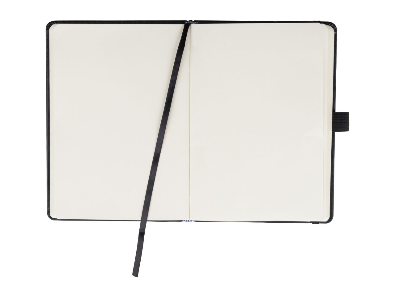 Blank black notebook open to a clean page with a black ribbon bookmark.