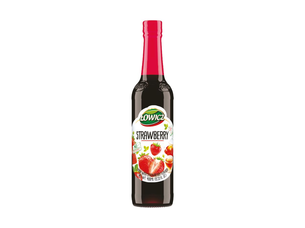 A bottle of Łowicz Strawberry syrup.