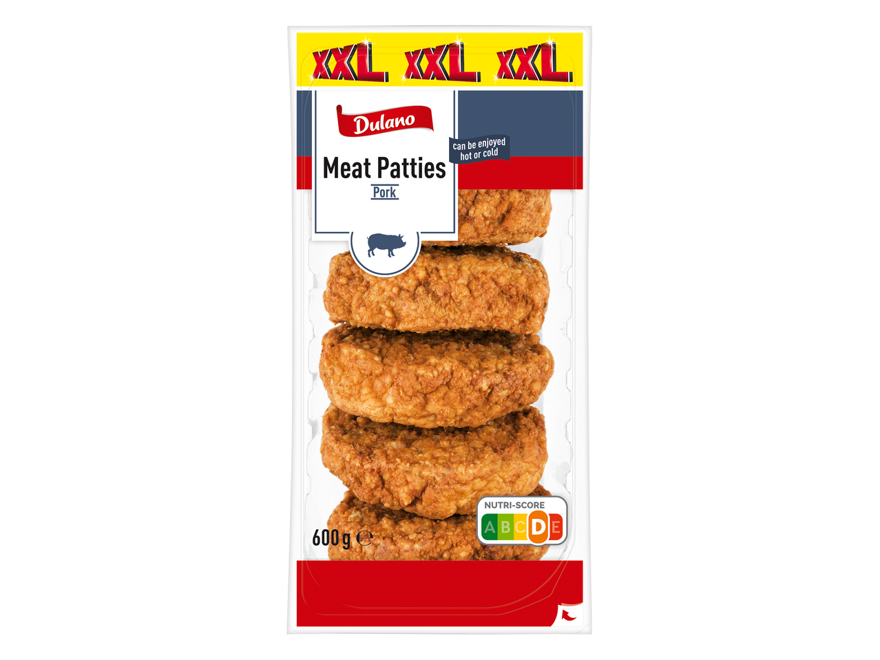 Barquette de six galettes de viande de porc, avec la mention 'XXL' et un Nutri-Score D.