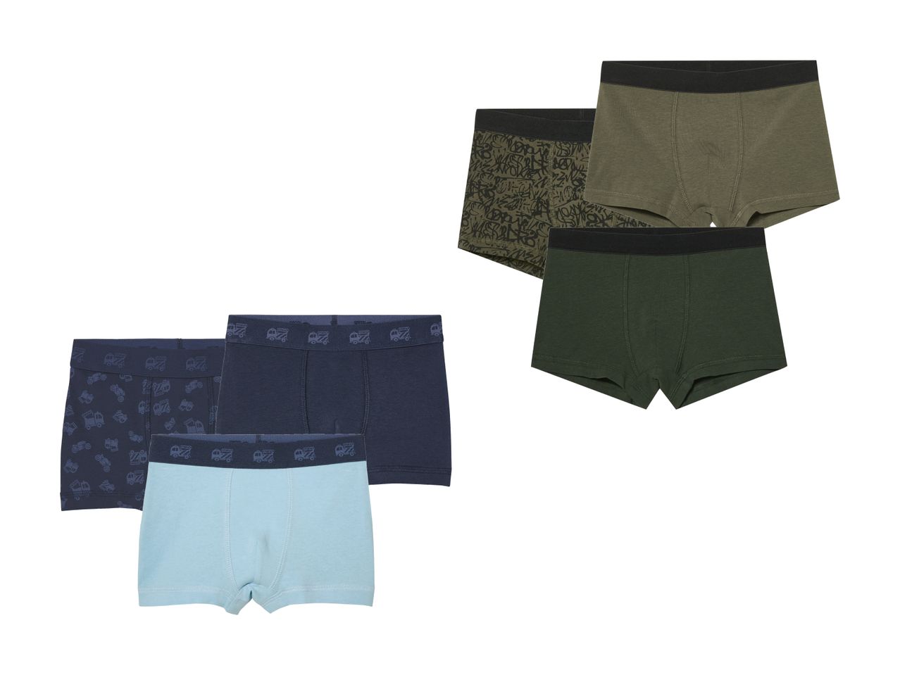 Sortiment Herrenunterwäsche: Drei bedruckte und drei einfarbige Boxershorts.