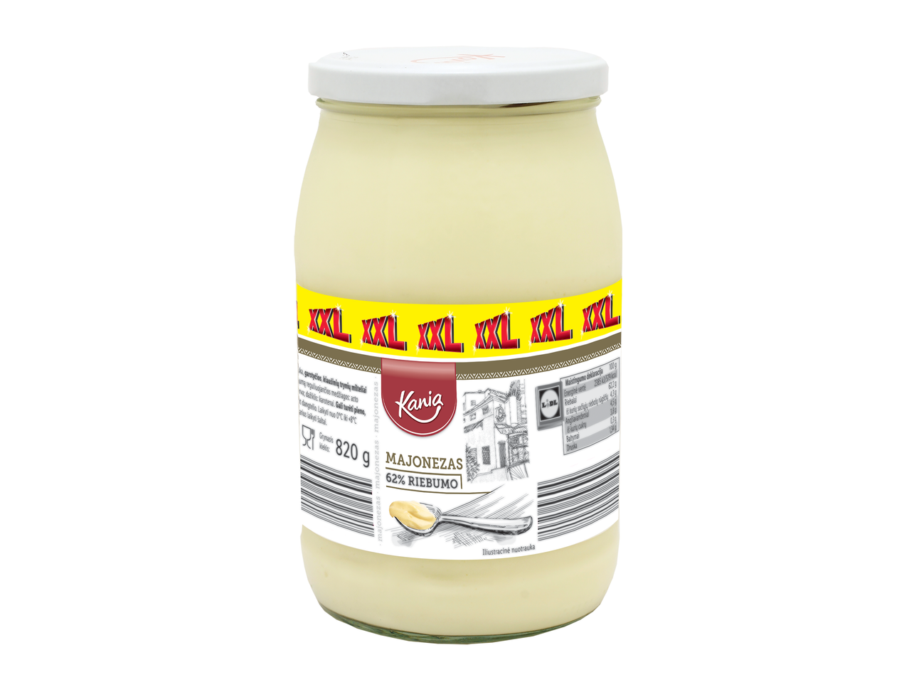Kania XXL majonezas stiklainyje, 820 g, su 62% riebumo etikete.