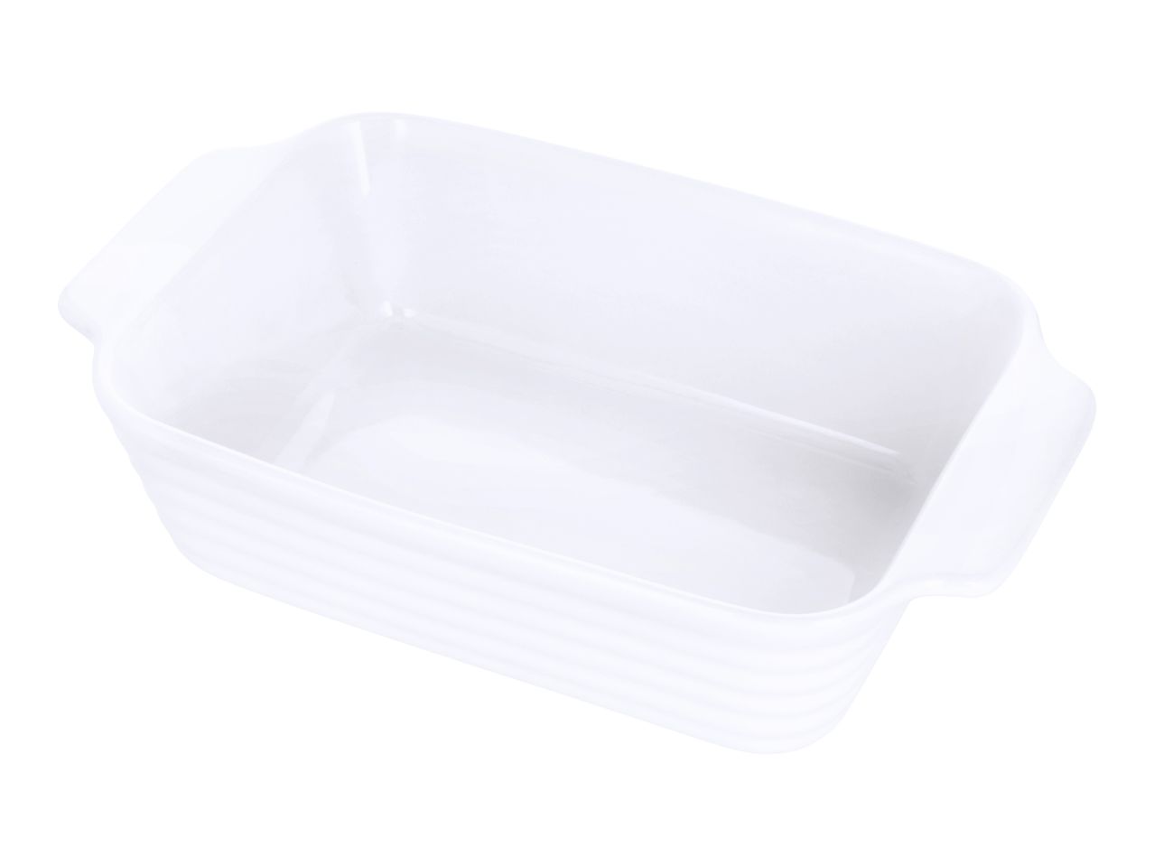 White rectangular ceramic baking dish with ribbed sides and handles