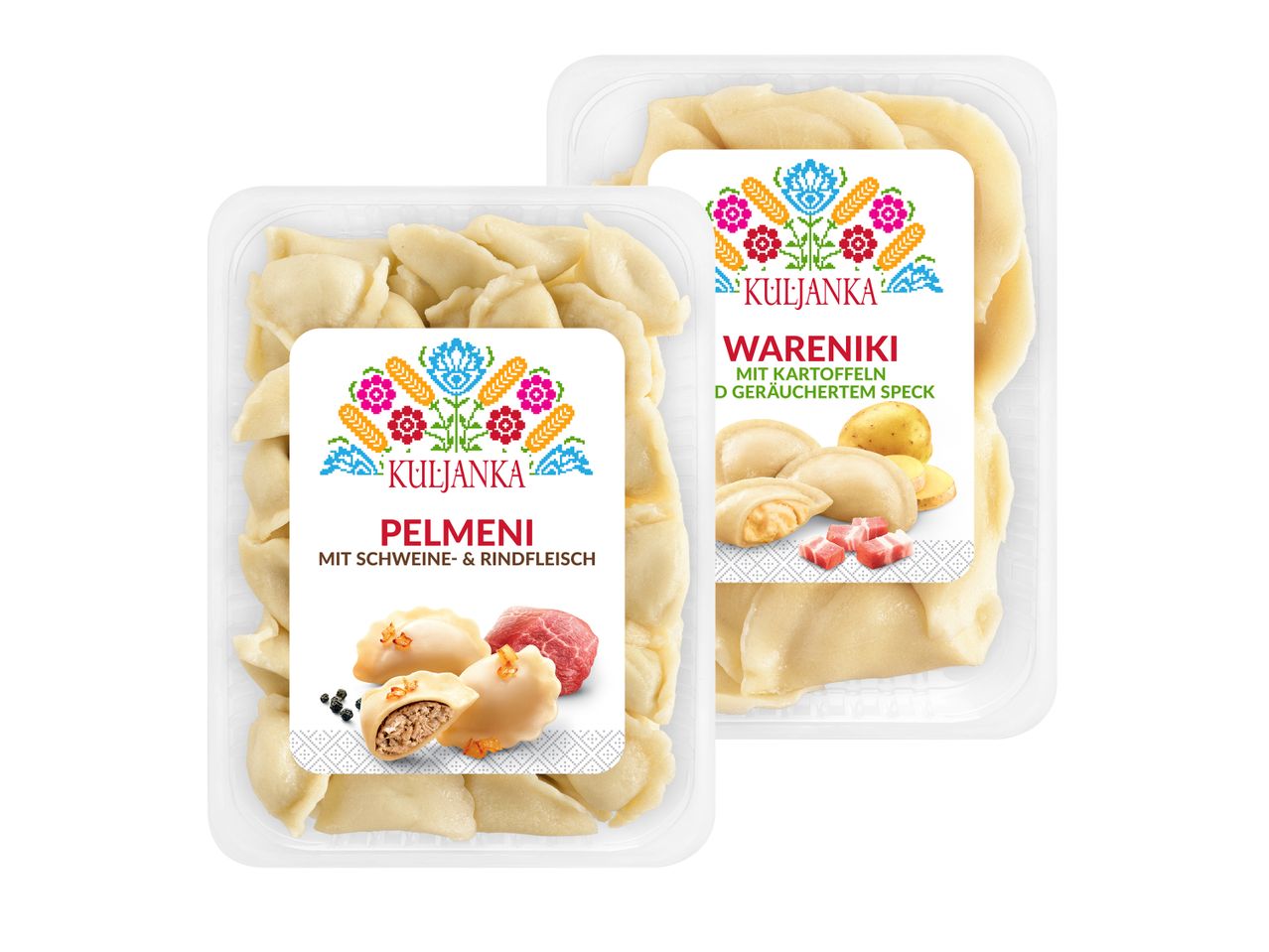 Kuljanka Pelmeni und Warniki in Plastikverpackungen.